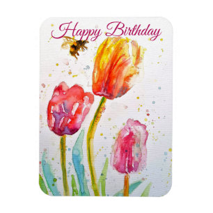 Ímã Cartão de Aniversário Aquarela Elegante Tulipa e A