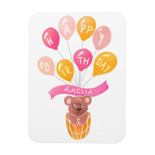 Ímã Cartão de Aniversário Menina Balões Rosa Ursinho F