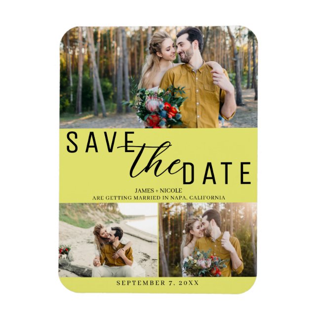 Ímã Cartão de casamento Chartreuse Save the Date 3 Fot (Vertical)