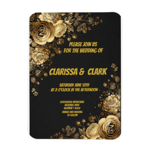 Ímã Cartão de casamento decorado com flores douradas e