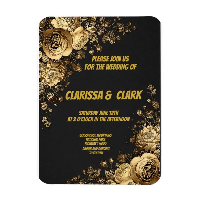 Ímã Cartão de casamento decorado com flores douradas e (Vertical)