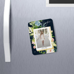 Ímã Cartão de Graduação de Fotografias floral azul-