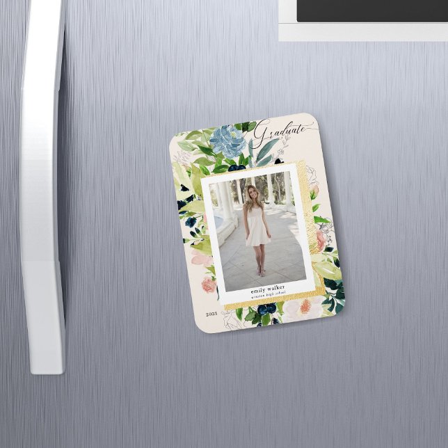 Ímã Cartão de Graduação de Fotografias floral azul de  (Criador carregado)