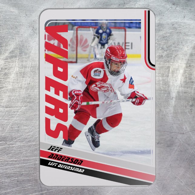 Ímã Cartão de Hóquei no Gelo (Ice Hockey Trading Card Magnet: Stylish red design on grey with black stripes. Perfect for kids!)