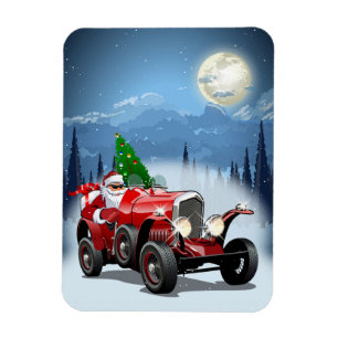 Ímã Cartão de Natal com carro retrô e Papais noeis l