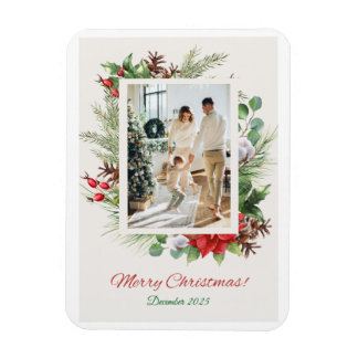 Ímã Cartão de Natal Floral Vermelho e Verde Personaliz