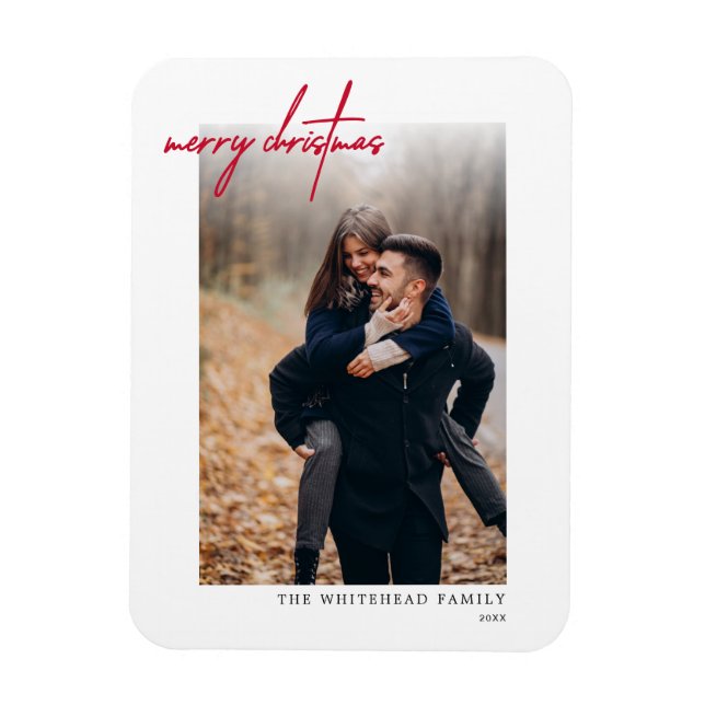 Ímã Cartão de Natal Mínimo Vermelho e Feliz Branco (Vertical)