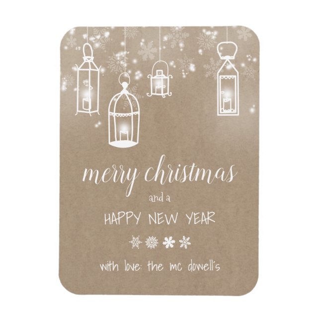 Ímã cartão de natal rustic kraft com lanternas (Vertical)