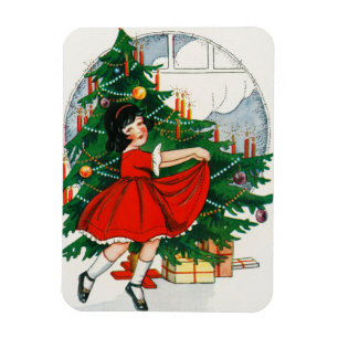Ímã Cartão postal de Natal retrô, criança e árvore de