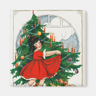 Imã Cartão postal de Natal retrô, criança e árvore de