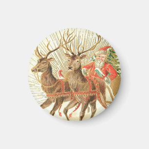Imã Cartão Postal de Natal VIntage, Papai Noel com Ren