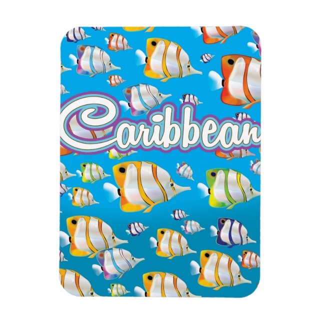 Ímã Cartaz de viagem de peixes tropicais do Caribe. (Vertical)
