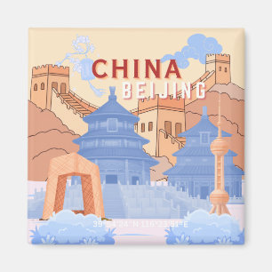 Imã Cartaz de Viagem de Pequim China   Azul Pastel e P