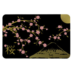 Ímã Cartaz Japonês Tela Preta Dourada Sakura Rosa