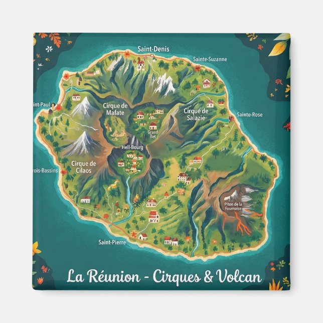 Imã Carte Illustrée La Réunion – Cirques & Volcan (Frente)