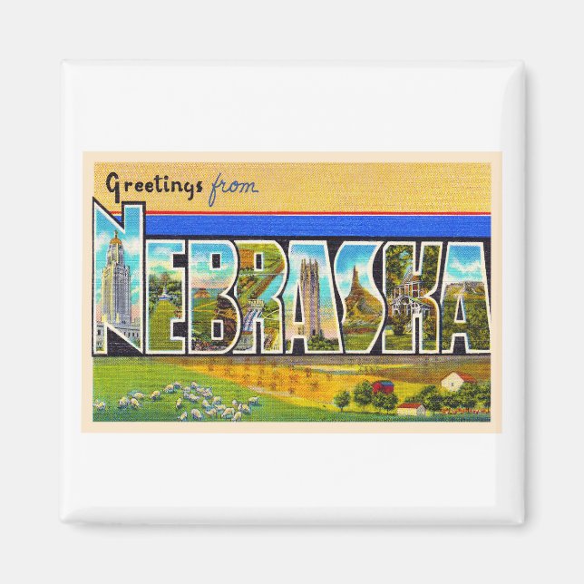 Imã Cartões postais grande Vintage, Estado de Nebraska (Frente)