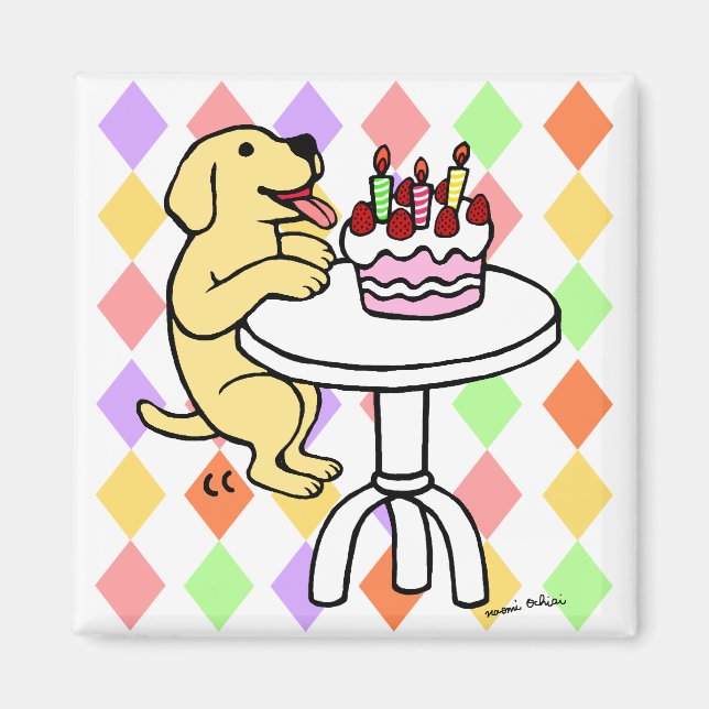 Imã Cartoon Birthday Cake Yellow Labrador (Frente)