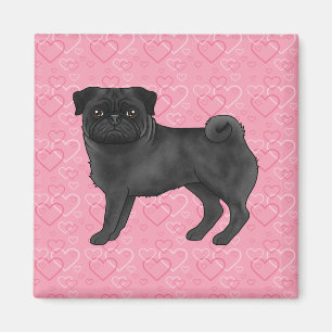 Imã Cartoon Black Pug Dog Mops Pink Love Heart Pattern