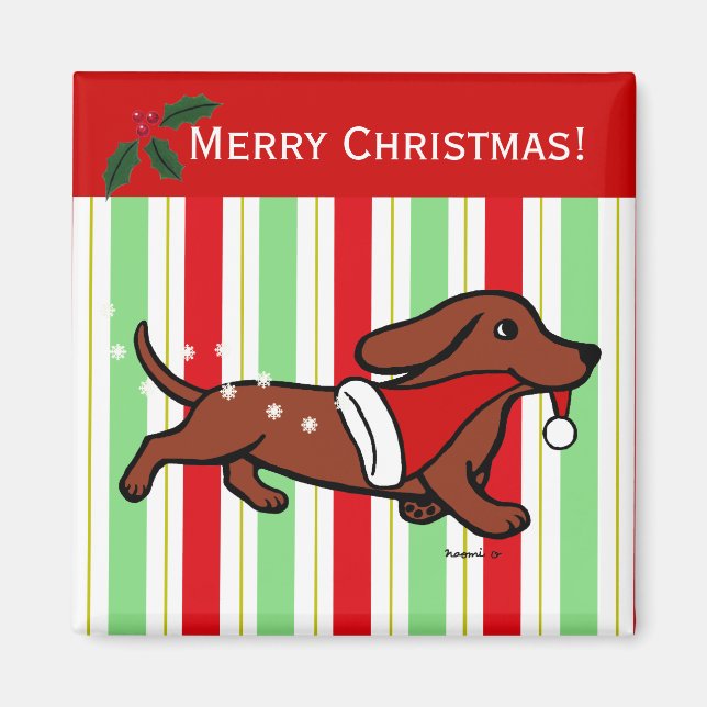 Imã Cartoon de Natal Dachshund Snowflakes (Frente)