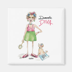 Imã Cartoon Diva e Poodle Doing Chores