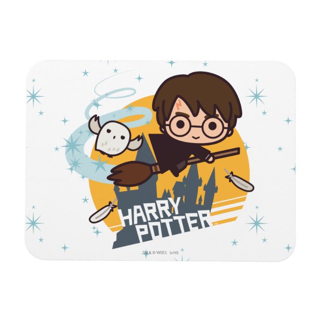 Ímã Cartoon Harry e Hedwig voando no passado Hogwarts (Horizontal)