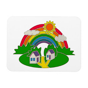 Ímã Cartoon rural com arco-íris e casa de campo