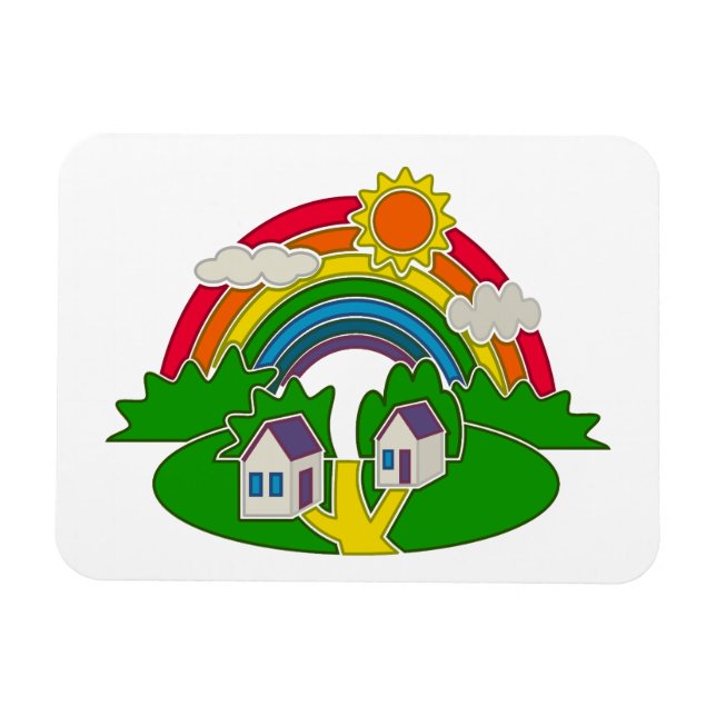 Ímã Cartoon rural com arco-íris e casa de campo (Horizontal)
