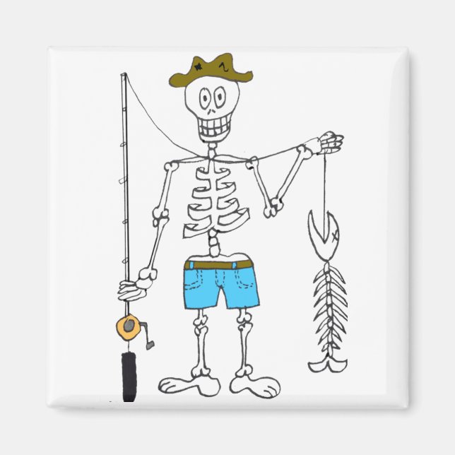 Imã Cartoon Skeleton Pescador em Peixes Skeleton (Frente)