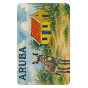 Ímã Casa cunucu amarela de Aruba com burro aquarela