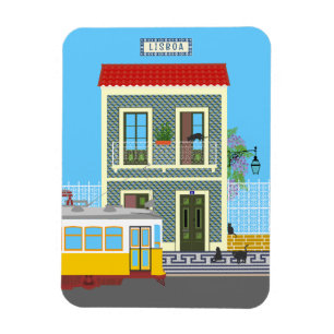 Ímã Casa velha de Lisboa com gatos e elétrico amarelo