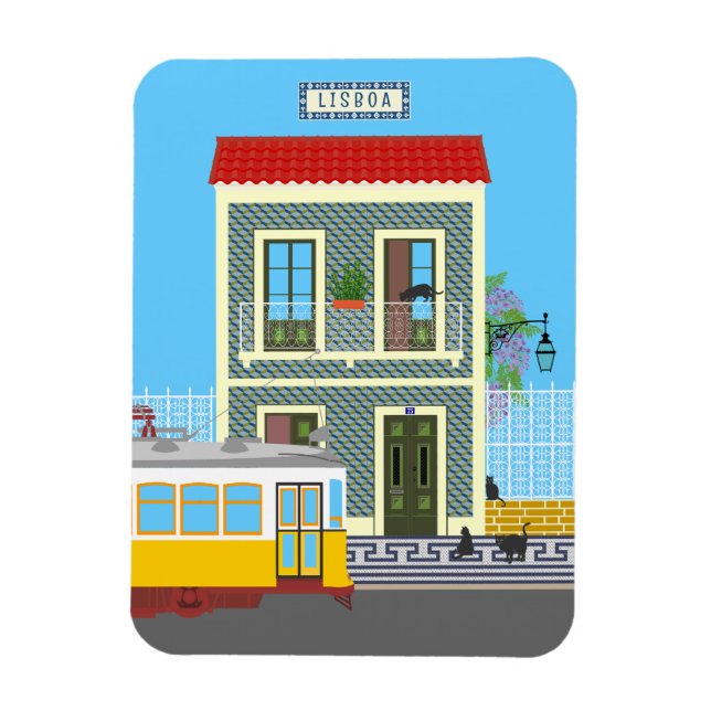 Ímã Casa velha de Lisboa com gatos e elétrico amarelo (Vertical)