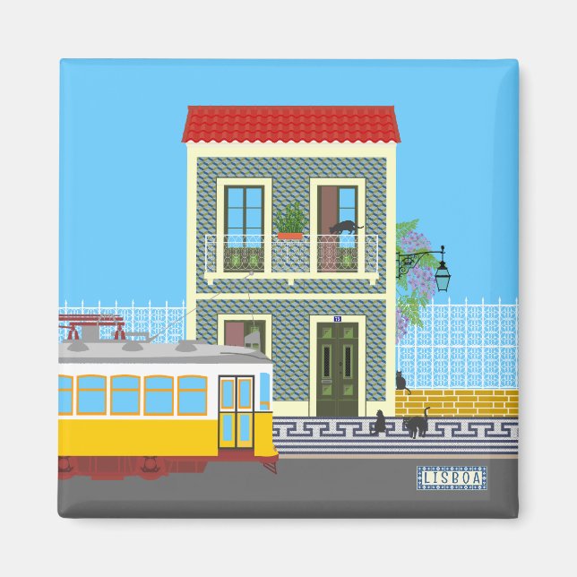 Imã Casa velha de Lisboa com gatos e elétrico amarelo (Frente)