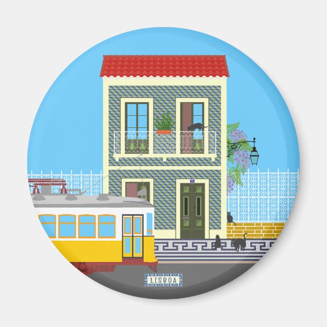 Imã Casa velha de Lisboa com gatos e elétrico amarelo (Frente)