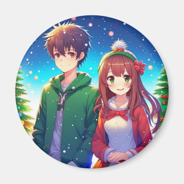 Imã Casais de Anime Fofo no Natal (Frente)