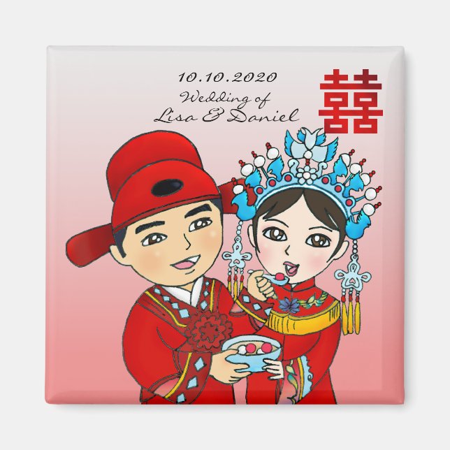 Imã Casal de Casamento Chinês: Quadrado Magnet Rosa (Frente)