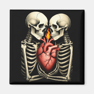 Imã Casal de Caveira Gótica Coração Flamejante Estilo