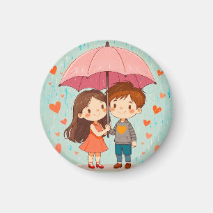 Imã Casal de Desenho Animado Fofo Sorriso Sob Guarda-C
