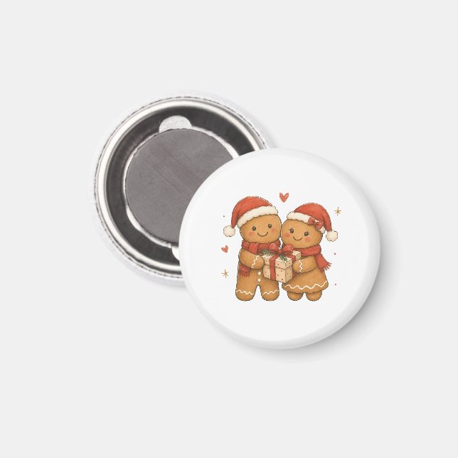 Imã Casal de Pão de Mel com Presente e Chapéus de Papa (Front/Back)
