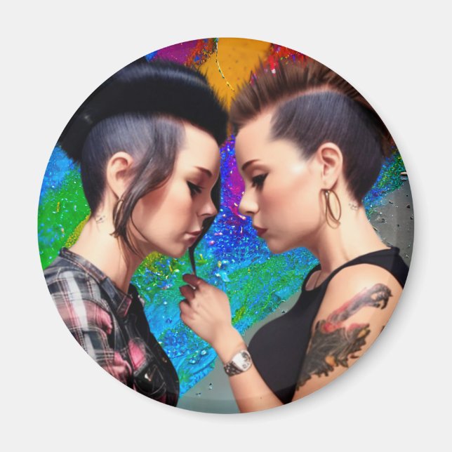 Imã Casal Lésbico bonito Arte Arco-Íris (Frente)