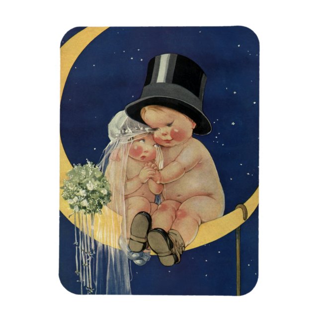 Ímã Casamento Antigo, Noiva e Noivo Fofo em uma Lua (Vertical)