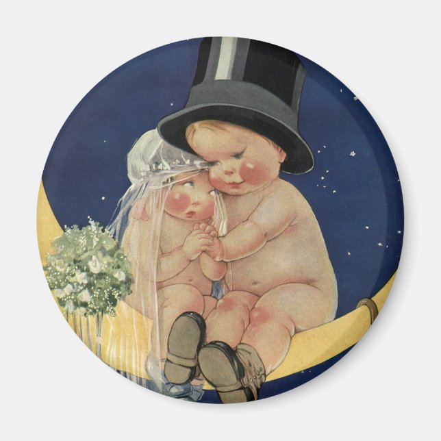 Imã Casamento Antigo, Noiva e Noivo Fofo em uma Lua (Frente)