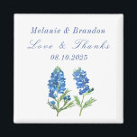 Imã Casamento Azul Floral - Obrigado<br><div class="desc">Bluebonnets,  Casamento floral azul-aquarela Obrigado magnéticos. Flores do Texas. Trabalho de arte pintada à mão pela artista Monika Howarth. Você pode personalizá-lo com seus detalhes.</div>