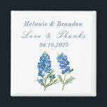 Imã Casamento Azul Floral - Obrigado<br><div class="desc">Bluebonnets,  Casamento floral azul-aquarela Obrigado magnéticos. Flores do Texas. Trabalho de arte pintada à mão pela artista Monika Howarth. Você pode personalizá-lo com seus detalhes.</div>