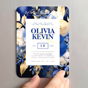 Ímã Casamento Azul Marinho & Floral Dourado Aquarela