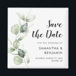 Imã Casamento Botânico de Script de Água Salva a Data<br><div class="desc">O Casamento Eucalyptus,  Cura Botânica Bonita,  salva o ímã de datas que faz uma manutenção perfeita para os seus convidados e será apreciado por anos. Substitua facilmente os nomes,  o lançamento,  a data e o local para criar um lançamento de data única</div>
