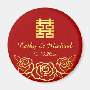 Imã Casamento chinês floral rosa recorte em papel verm