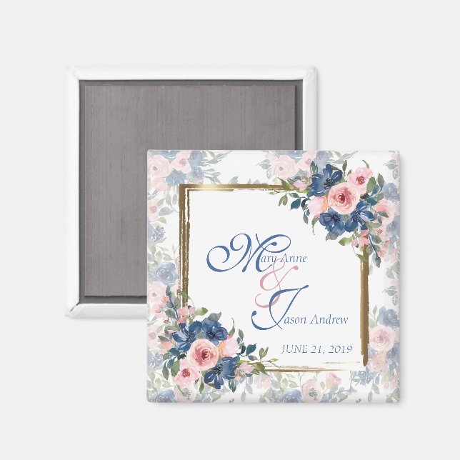 Imã Casamento com Aquarela Azul Marinho e Bege (Front/Back)