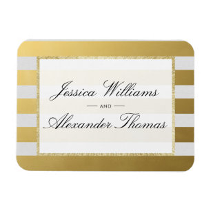 Ímã Casamento com Listras de Ouro e Branco Elegante