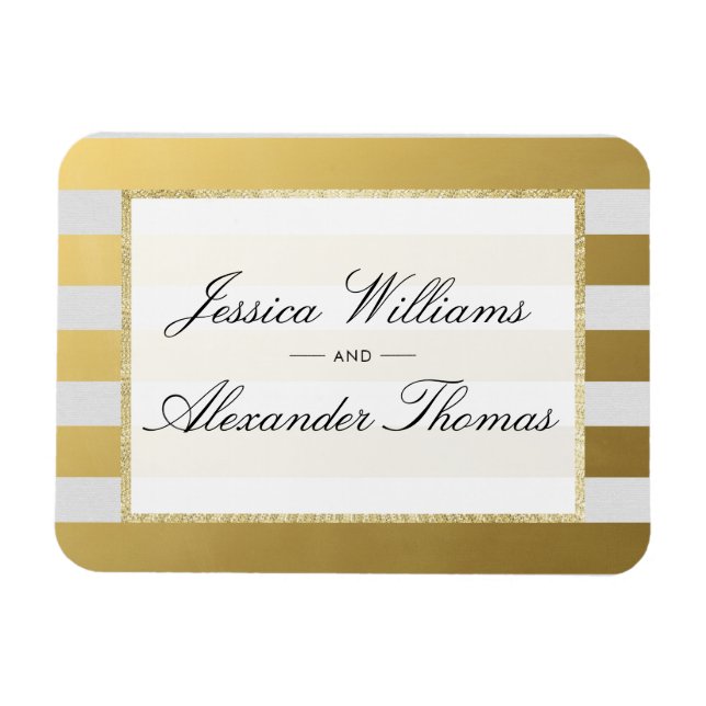 Ímã Casamento com Listras de Ouro e Branco Elegante (Horizontal)