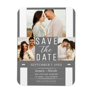 Ímã Casamento de 3 Fotos Salve a Data Branco Cinza Mod